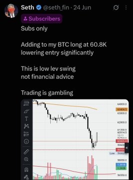 A tweet from user @seth_fin dated June 24 announces a BTC long entry added at 60.8K, shown alongside a BTC/USD candlestick chart with a TradingView watermark. The accompanying post notes the position is now approaching a breakout near 65K, alongside longs on ETH, SOL, SPY, QQQ, MSFT, RACE, and other altcoins/stocks.