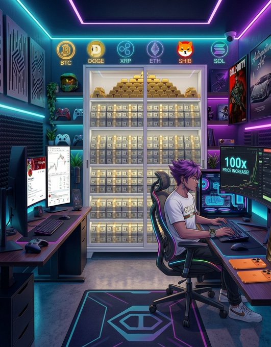 A gamer with purple hair sits at a multi-monitor setup in a neon-lit gaming room, where one screen displays "100x PRICE INCREASE!" while a massive vault of gold bars fills the center of the room, symbolizing the crypto wealth and airdrops referenced in the post's motivational message about the upcoming bull run.