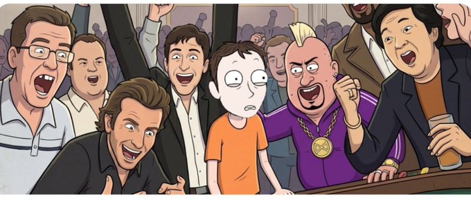 An animated cartoon scene shows a wide-eyed character in an orange shirt surrounded by a cheering, excited crowd of diverse people at what appears to be a casino or gambling event.