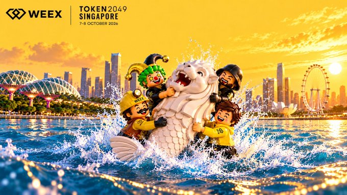 WEEK Token2049 Singapore event promotional image dated 7-8 October 2026, featuring cartoon characters riding the Merlion with the Singapore skyline including the Marina Bay Sands and Singapore Flyer in the background.