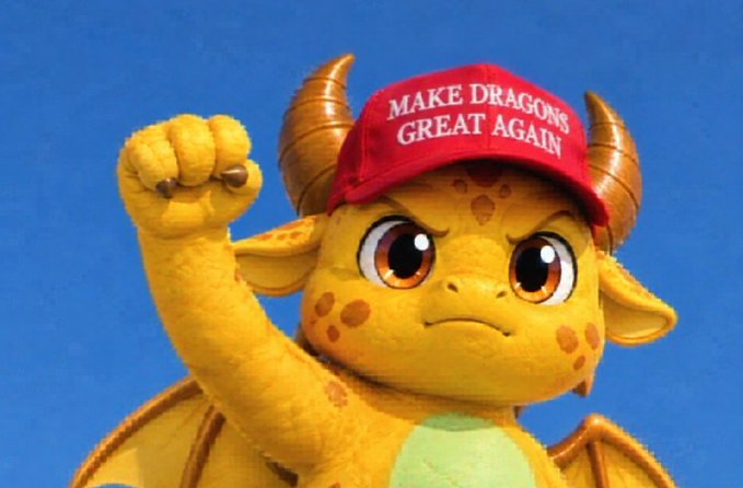 Meme image showing a dragon character wearing a red MAGA-style cap that reads 'MAKE DRAGONS GREAT AGAIN' with a raised fist.