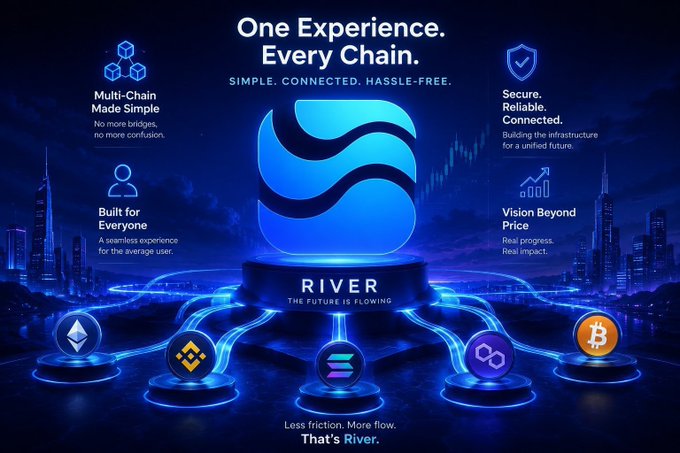 A promotional graphic for 'RIVER - THE FUTURE IS FLOWING' with the tagline 'One Experience. Every Chain.' showcasing multi-chain crypto integration with icons for Ethereum, BNB, Solana, Polygon, and Bitcoin.