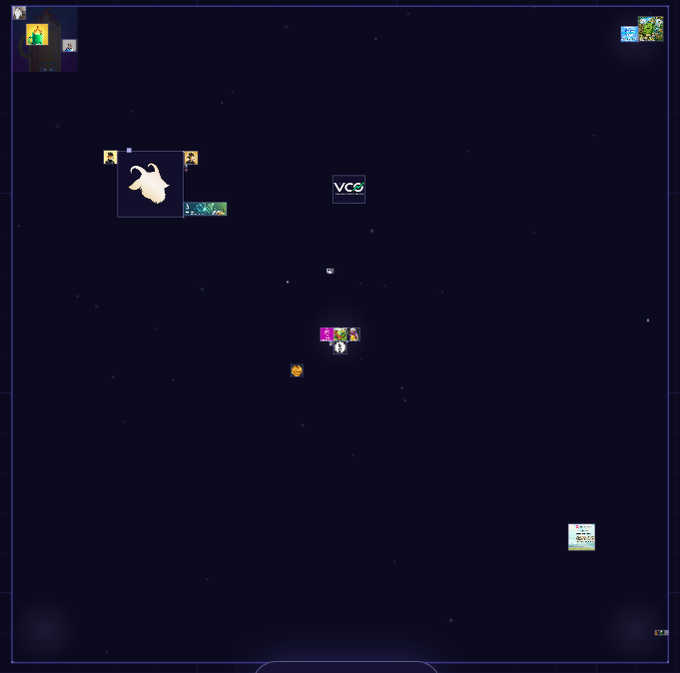 A dark virtual game environment with a VCO logo in the center and scattered user avatar icons around a dark navy interface.