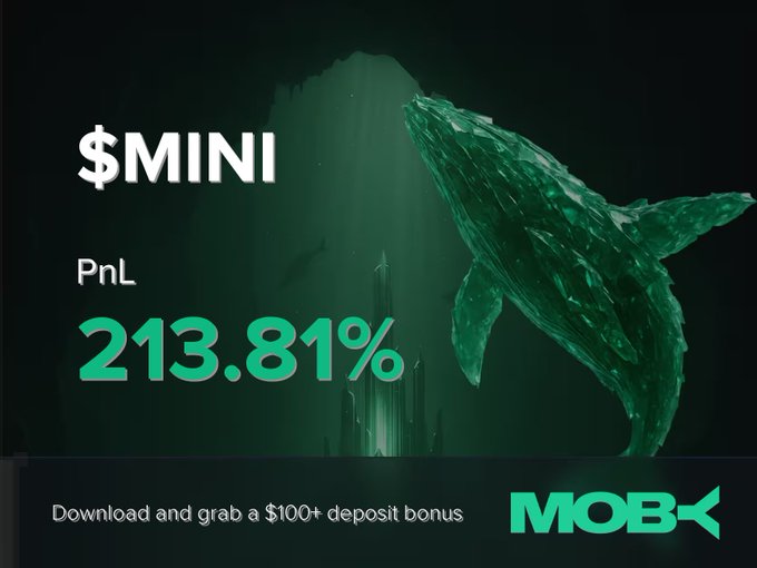 A Moby promotional graphic highlights a +213.81% PnL win on $MINI, featuring a crystalline green whale and the tagline "Download and grab a $100+ deposit bonus."