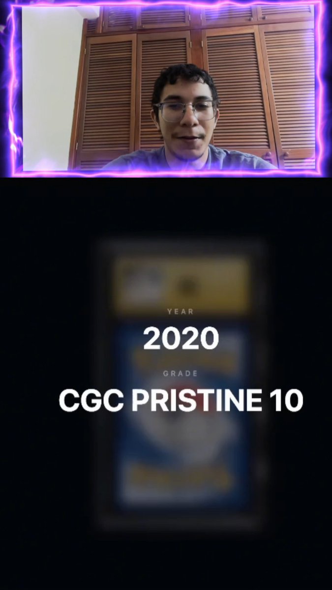 A video screenshot with a purple lightning border showing a young man in glasses, with overlaid text reading "2020 YEAR GRADE" and "CGC PRISTINE 10" above a blurred image of what appears to be a graded collectible card.