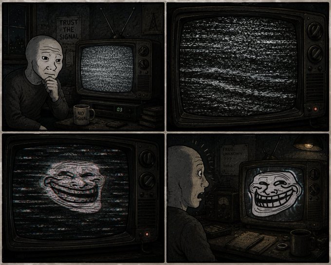 A dark, four-panel comic shows a man watching TV static that resolves into the grinning 'Trollface' meme, with signs reading 'TRUST THE SIGNAL' and 'NO SIGNAL' in the room.