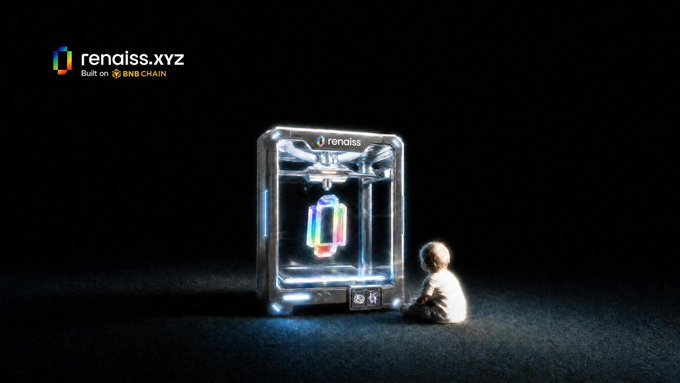The image features a small child sitting next to a large 3D printer, with both of them facing each other. The scene appears to be set against a black background, which highlights the printer as the main focus. There are no texts or other objects in the image, and the relative positions of the child and the printer suggest that they might be engaged in an activity related to the 3D printer.