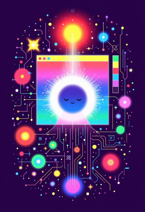 A vibrant, stylized digital artwork featuring a central screen with a glowing crescent moon character, surrounded by colorful neon circuit-like patterns, stars, and orbs on a dark purple background.