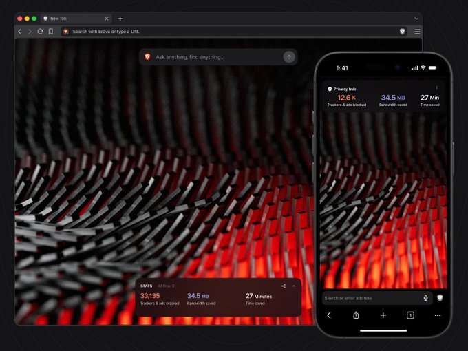 The image shows a computer screen displaying a website called "How about full spectrum privacy @Brave?". The website has a red background that resembles a flame or fire, which adds intensity to its message. On the right side of the screen, there is an iPhone with a photo displayed on it. The phone's wallpaper features a black and white image of a patterned design. The text in the image reads "Focus on what is in the image and how it relates to the post".