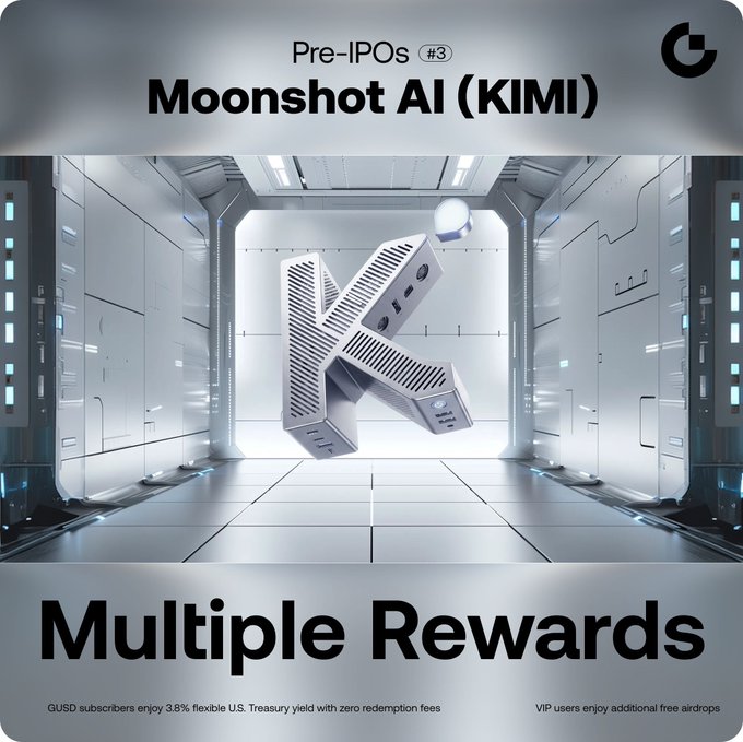 A promotional graphic for Moonshot AI (KIMI) Pre-IPOs Subscription #3, featuring a large 3D "K" logo in a futuristic white corridor, with text highlighting "Multiple Rewards" for $GUSD subscribers earning 3.8% flexible U.S. Treasury yield with zero redemption fees, plus additional free airdrops for VIP users.