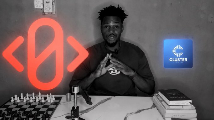The image shows a man sitting at a table with his hands clasped in front of him, with a red hyperlink/link icon on the left and a blue "CLUSTER" logo on the right. A chessboard, microphone, and a stack of books are visible on the table, visually reinforcing the "GM CT" (good morning) greeting and the motivational message about embracing one's hustle despite others' lack of support.