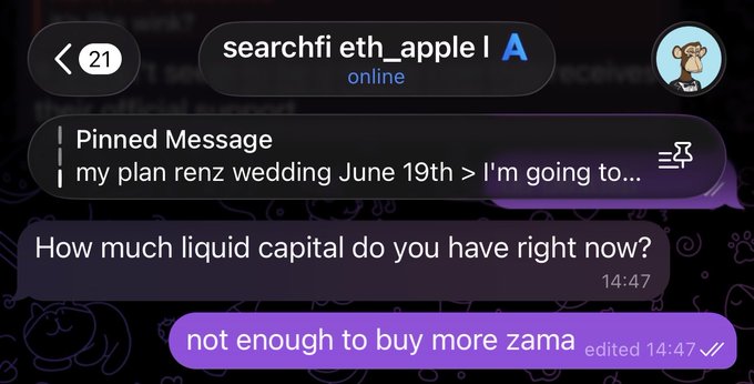 A Telegram chat screenshot with user "searchfi eth_appie" showing a pinned message about a wedding on June 19th and a reply stating "not enough to buy more zama."