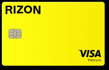 A bright yellow RIZON Visa Platinum card with an EMV chip is displayed, promoting the cryptocurrency debit card that offers 2.5% cashback and low-fee perpetual trading as referenced in the accompanying testimonial post.