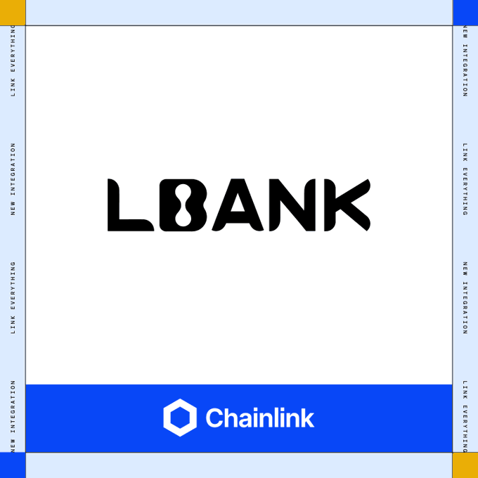 A promotional graphic for 'LBANK' with the 'Chainlink' logo at the bottom and 'NEW INTEGRATION' / 'LINK EVERYTHING' text along the sides.