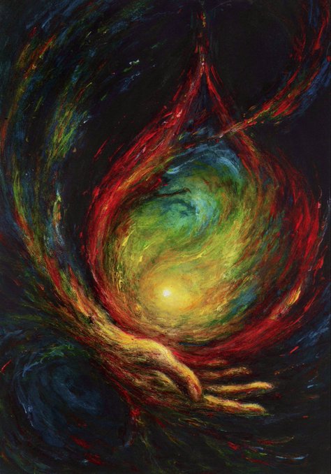 A swirling, fiery celestial scene painted in acrylic on paper depicts a glowing sun-like center surrounded by a vortex of red, green, and deep blue hues, with a hand reaching toward the light—visually echoing the post's meditation on sending kindness into the world and trusting it reaches someone, symbolized by "one more sunrise."