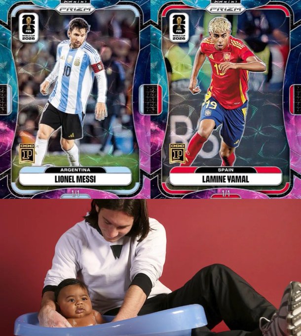 Two Panini Prizm World Cup soccer trading cards featuring Lionel Messi (Argentina #10) and Lamine Yamal (Spain #19) appear alongside an image of a man bathing a baby. The post highlights how these NFT-based collectibles solve physical card problems like provenance issues and costly PSA grading by being onchain.