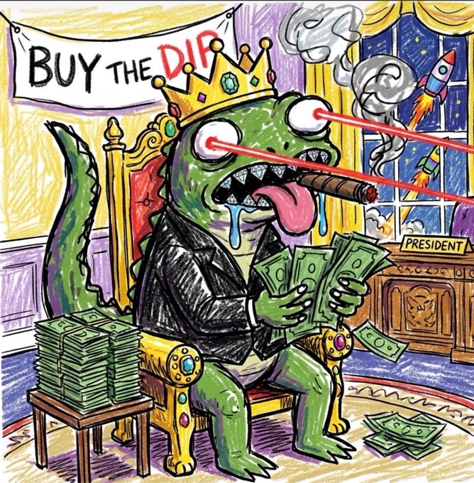 A hand-drawn cartoon of a green lizard-like creature wearing a crown and suit, smoking a cigar with laser eyes, greedily clutching cash under a 'BUY THE DIP' banner, with rockets blasting off in the background.