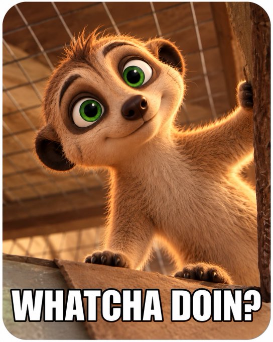 An animated meme of a wide-eyed meerkat peeking around a wooden post with the caption 'WHATCHA DOIN?'