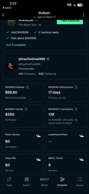 A screenshot of the Bullpen app showing @KayOnGfuel999's $ANSEM token holdings valued at $99.80 with $290 trading volume and 13K X impressions.