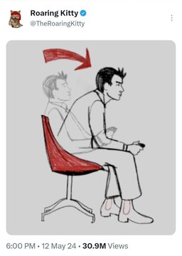 A tweet by Roaring Kitty showing an illustration of a person sitting in a chair facing forward, while a faded outline behind them turns back, with a red arrow indicating direction.