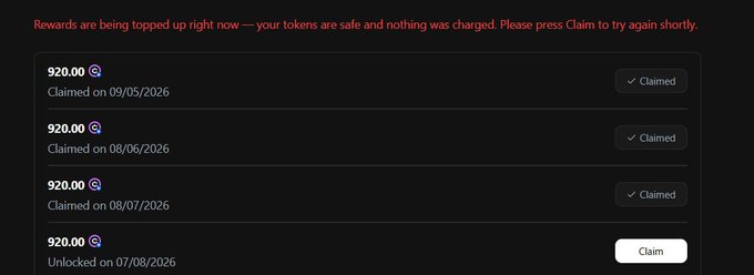 A rewards page showing multiple 9200.00 Q token claims dated 08/05/2026 through 08/07/2026 marked as 'Claimed', with an unclaimed reward unlocked on 07/08/2026.