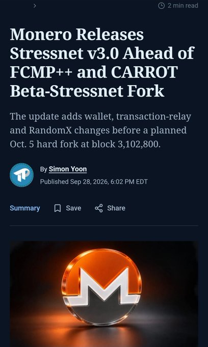 A news article screenshot titled 'Monero Releases Stressnet v3.0 Ahead of FCMP++ and CARROT Beta-Stressnet Fork' by Simon Yoon, dated Sep 28, 2026, featuring an image of the Monero logo.