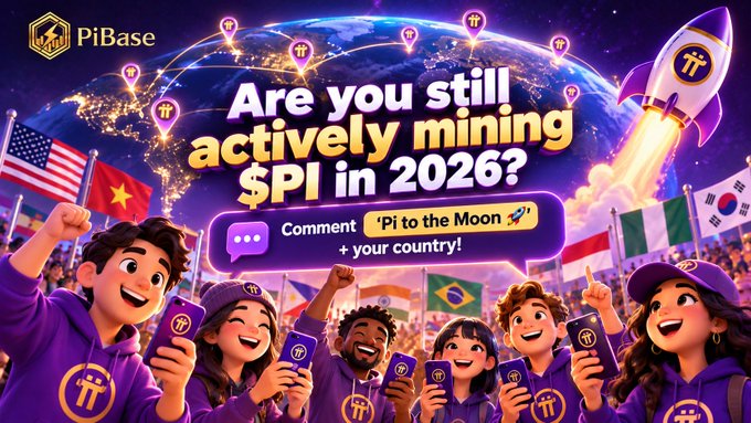 A vibrant, cartoon-style promotional graphic for 'PiBase' features diverse animated characters in purple Pi-branded hoodies celebrating, with text asking 'Are you still actively mining $Pi in 2026?' and 'Comment Pi to the Moon 🚀 + your country!'.