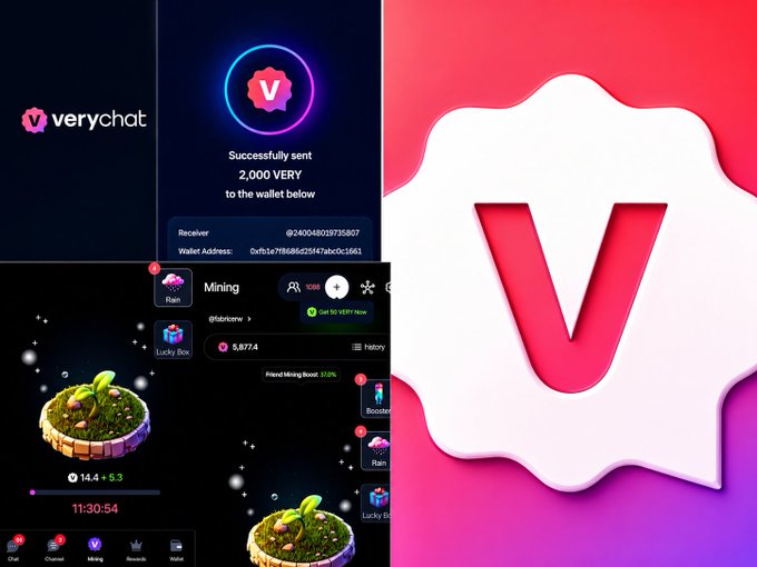 A promotional graphic for the VeryChat app showcases its features, including a 2,000 VERY token transfer confirmation and a 'Mining' game interface.