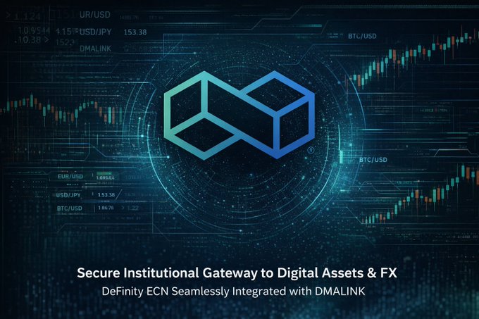 A digital graphic featuring a blue infinity-like logo against a backdrop of financial trading charts, with text reading 'Secure Institutional Gateway to Digital Assets & FX' and 'DeFinity ECN Seamlessly Integrated with DMALINK'.