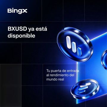A BingX promotional graphic announces 'BXUSD ya está disponible' featuring metallic blue coin designs and the tagline 'Tu puerta de entrada al rendimiento del mundo real'.