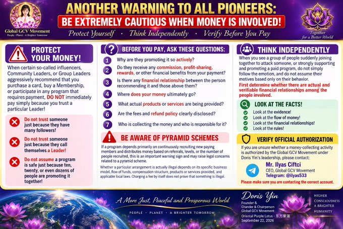 A public warning poster by Doris Yon, founder and chairperson of the Global GCV Movement, dated September 22, 2025, urges "all Pioneers" to "Be Extremely Cautious When Money Is Involved," advising them to protect their money, ask key questions before paying, and verify official authorizations (contacting Mr. Ilyas Çiftçi on Telegram @ilyas533) to guard against fraudulent pyramid schemes.