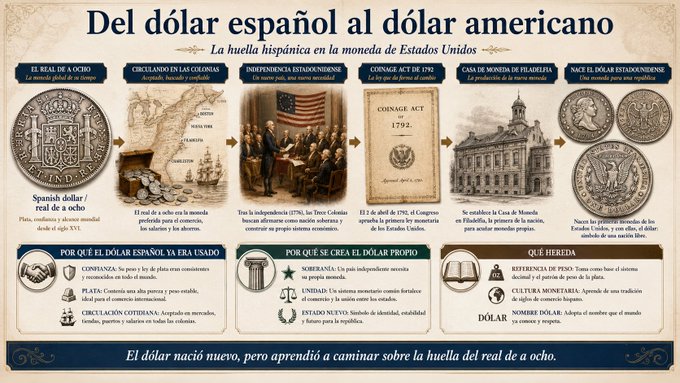 A poster about the history and value of the dollar, with an illustration showing its journey from Spain to America, including coins used during that time period along with symbols representing the different aspects of the American economy.