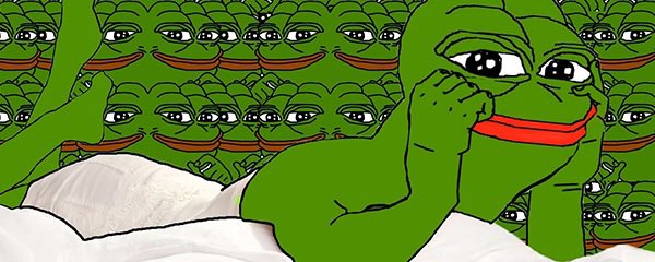 A repeating collage of the Pepe the Frog meme character shows multiple green frogs with red lips and tired-looking eyes, with one prominent frog in the foreground resting its chin on its hand on a white pillow.