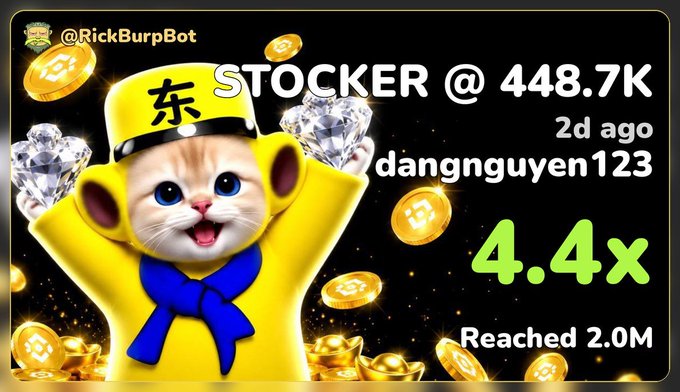 A crypto/stock trading graphic showing a yellow cat character with a "STOCKER @ 448.7K" label, a "4.4x" multiplier in green, and a "Reached 2.0M" notification.
