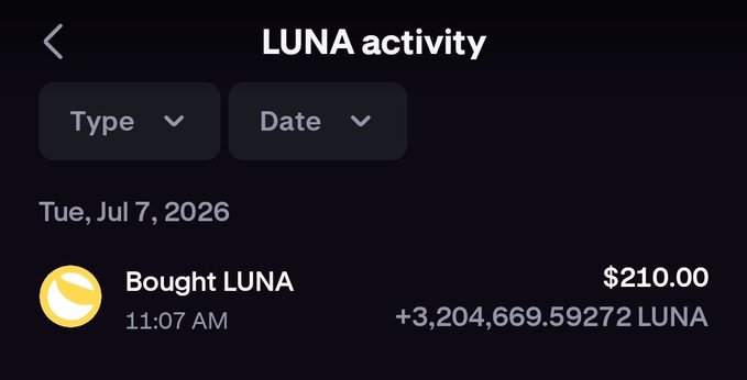 A screenshot of a "LUNA activity" transaction log showing a LUNA purchase of $210.00 for +3,204,669.59272 LUNA on July 7, 2026 at 11:07 AM, which directly corresponds to the poster's claim of continuing to accumulate $LUNC tokens despite already being satisfied with their holdings.