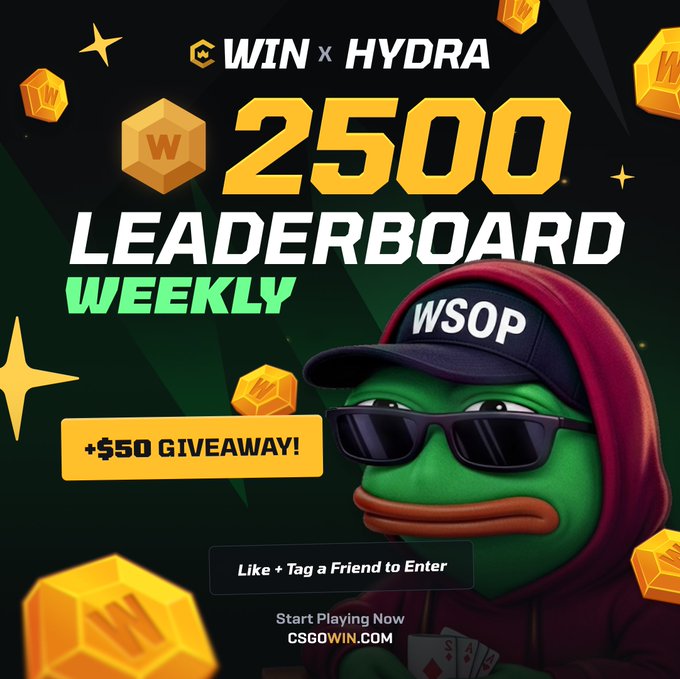 A promotional graphic for 'WIN x HYDRA' features a 3D-rendered Pepe the Frog wearing sunglasses and a 'WSOP' cap, advertising a '$2500 WEEKLY LEADERBOARD' and '+$50 GIVEAWAY!' with the URL CSGOWIN.COM.