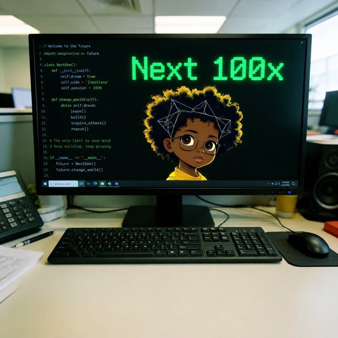 A computer monitor in an office displays the text 'Next 100x' above a cartoon illustration of a person with glasses, with Python code visible on the left side of the screen.