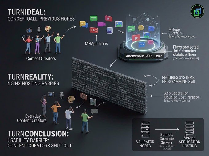A dark-themed infographic explaining "TURNIDEAL" vs "TURNREALITY" concepts regarding an MNApp, content creators, anonymous web layers, and validator nodes, with a green logo in the top right corner.