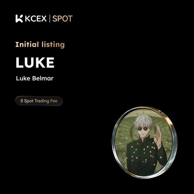 A KCEX Spot initial listing announcement for 'LUKE' (Luke Belmar) with 0 Spot Trading Fee, featuring an anime-style character in sunglasses and a black outfit inside a circular portrait.
