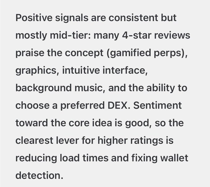 The image features a text box with information about positive signals, and an image of an app review summary. The text provides context for what the reviewer found appealing about this app, such as its ability to recommend Desen, a DEX sentiment analysis tool that is useful in understanding sentiment around certain topics like loading times, money, and other concepts.