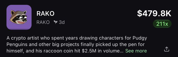 A social media post by user RAKO (3 days old) highlights the memecoin "RAKO," which features a raccoon avatar and has reached $479.8K in market cap with a 211x gain. The post notes that a crypto artist known for drawing characters for Pudgy Penguins created the coin, which hit $2.5M in trading volume, supporting the user's surprise at its sub-$1M market cap.