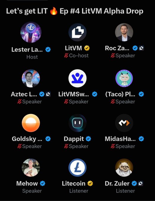 A speaker lineup screen for a Twitter Space titled 'Let's get LIT 🔥 Ep #4 LitVM Alpha Drop', listing participants such as Lester La... (Host), LitVM (Co-host), and various speakers including Roc Za..., Aztec L..., and LitVMSw...