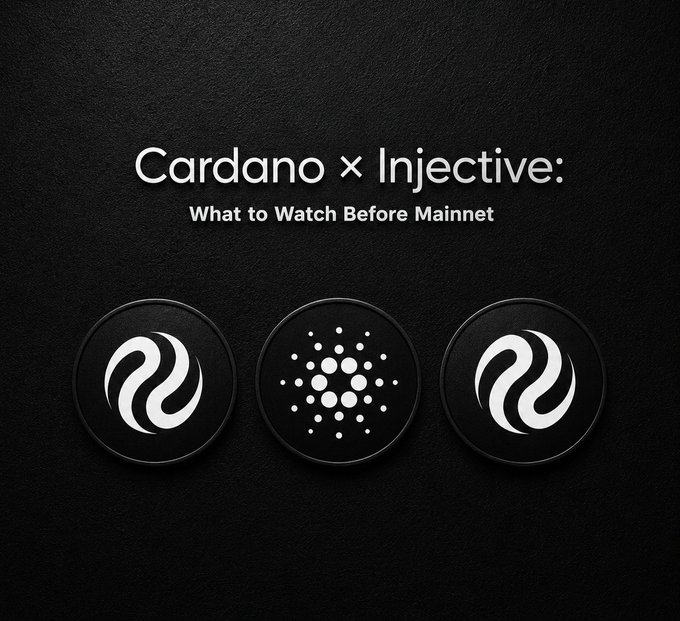 A dark graphic titled 'Cardano × Injective: What to Watch Before Mainnet' displaying the Cardano and Injective logos with a circular dotted design in the center.