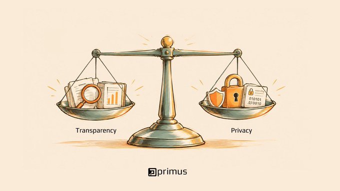 An illustrated graphic depicting a balance scale weighing 'Transparency' on the left against 'Privacy' on the right, with the primus logo at the bottom on a cream background.
