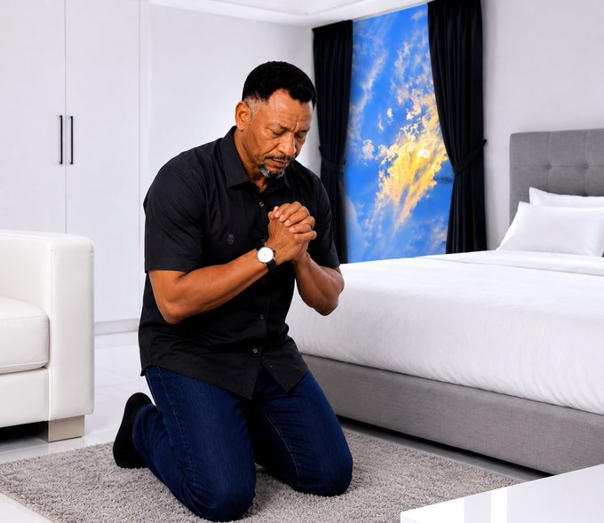 A man wearing a black shirt and jeans kneeling on a rug in a bedroom, with his hands clasped together in a praying posture and a serious expression on his face.