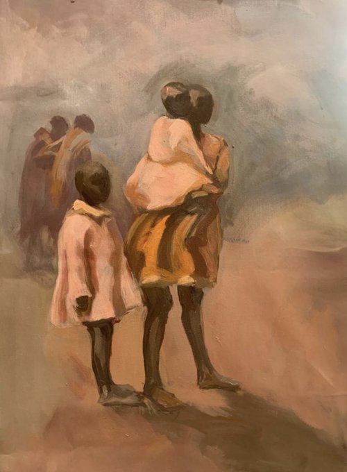 A painting depicting a woman carrying a child on her back while standing next to a small child in a pink dress, rendered in warm, earthy tones with loose brushwork. The artwork, titled "Late evening," shows intimate family figures against a softly blended background, matching the post announcing its sale to @leylabuk for 10 xtz at Art Market Gallery.