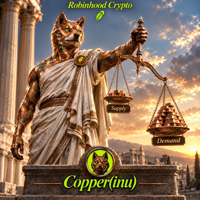 A statue depicting the goddess of justice with a fox-like head, holding a scale with 'Supply' on one side and 'Demand' on the other, branded with 'Robinhood Crypto' and 'Copper(inu)' logos.