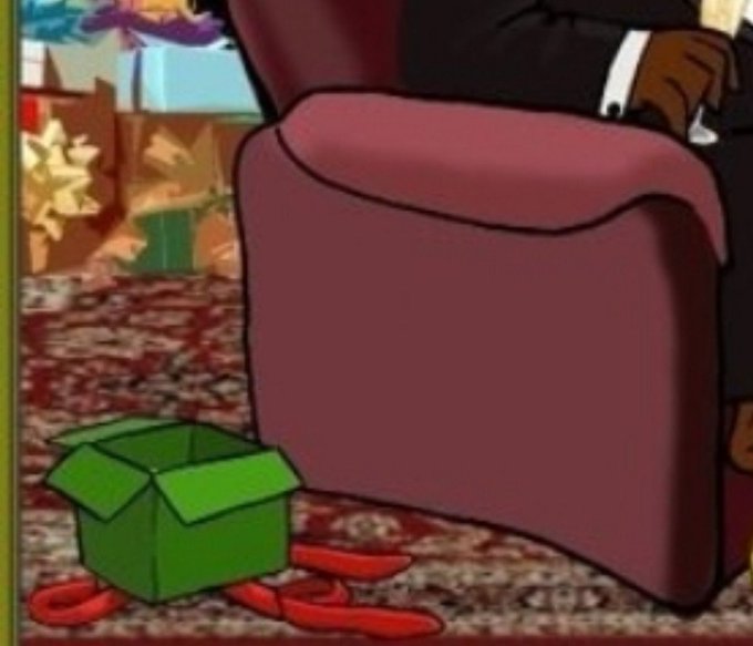 An animated scene shows a red armchair next to an open green box with red objects spilling out onto a patterned carpet.