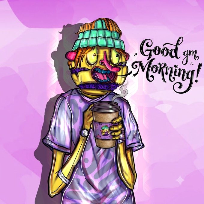 A stylized illustration of a yellow, monster-like character with a pink nose and tongue, wearing a teal beanie and tie-dye shirt, holding a coffee cup with the text 'Good gm, Morning!' on a pink background.