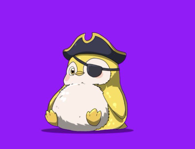 Cartoon illustration of a chubby yellow chick wearing a pirate hat and an eye patch against a solid purple background.